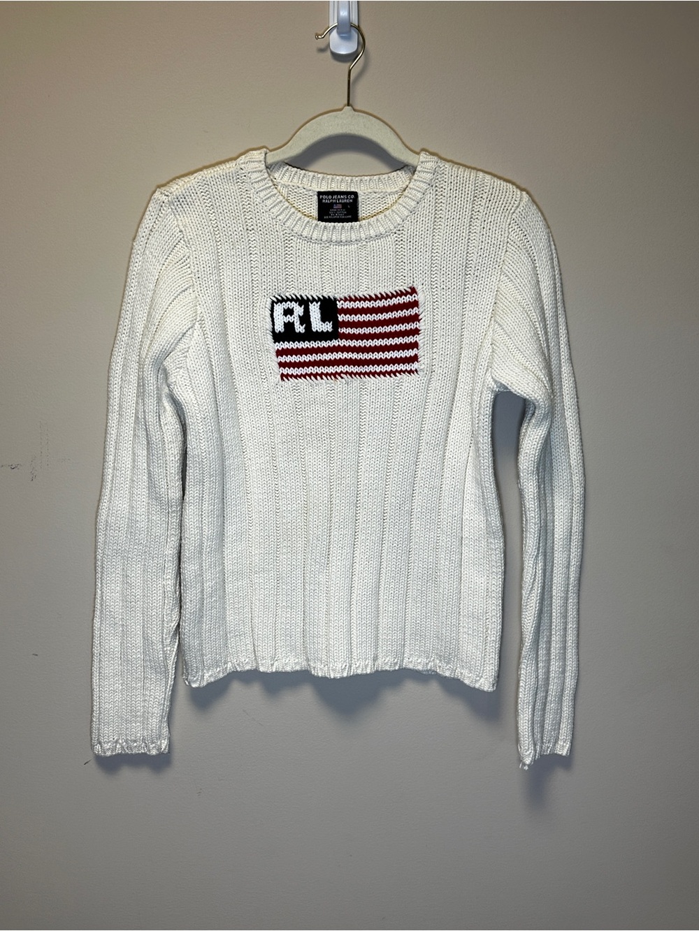 Polo Jeans Ralph Lauren L Cream Flag Knit Sweater 100% Cotton USA - Picture 2 of 9